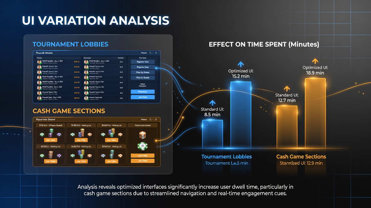 Comparison of poker tournament lobby and cash game section interfaces on a digital platform