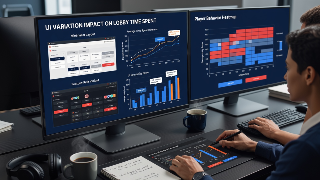 Analytics dashboard showing time spent metrics for poker tournament lobbies and cash game sections