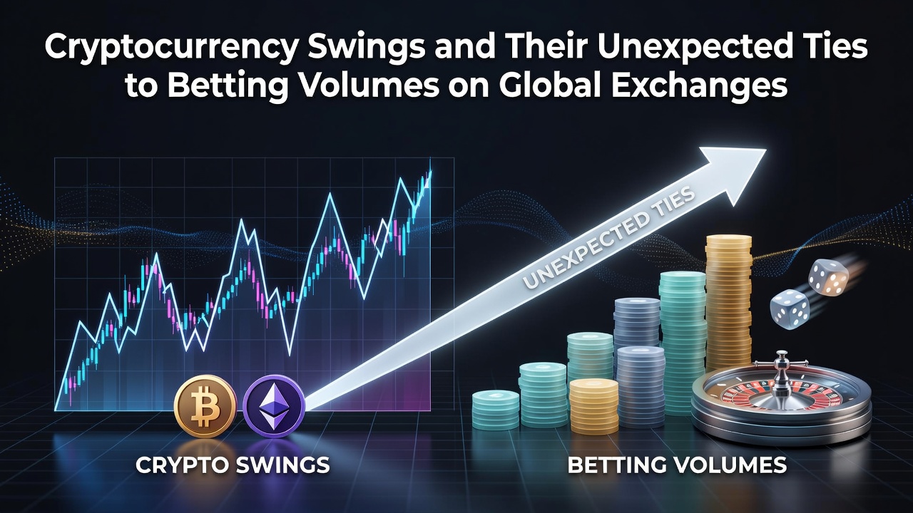 Chart displaying cryptocurrency price volatility patterns next to global betting exchange volume metrics