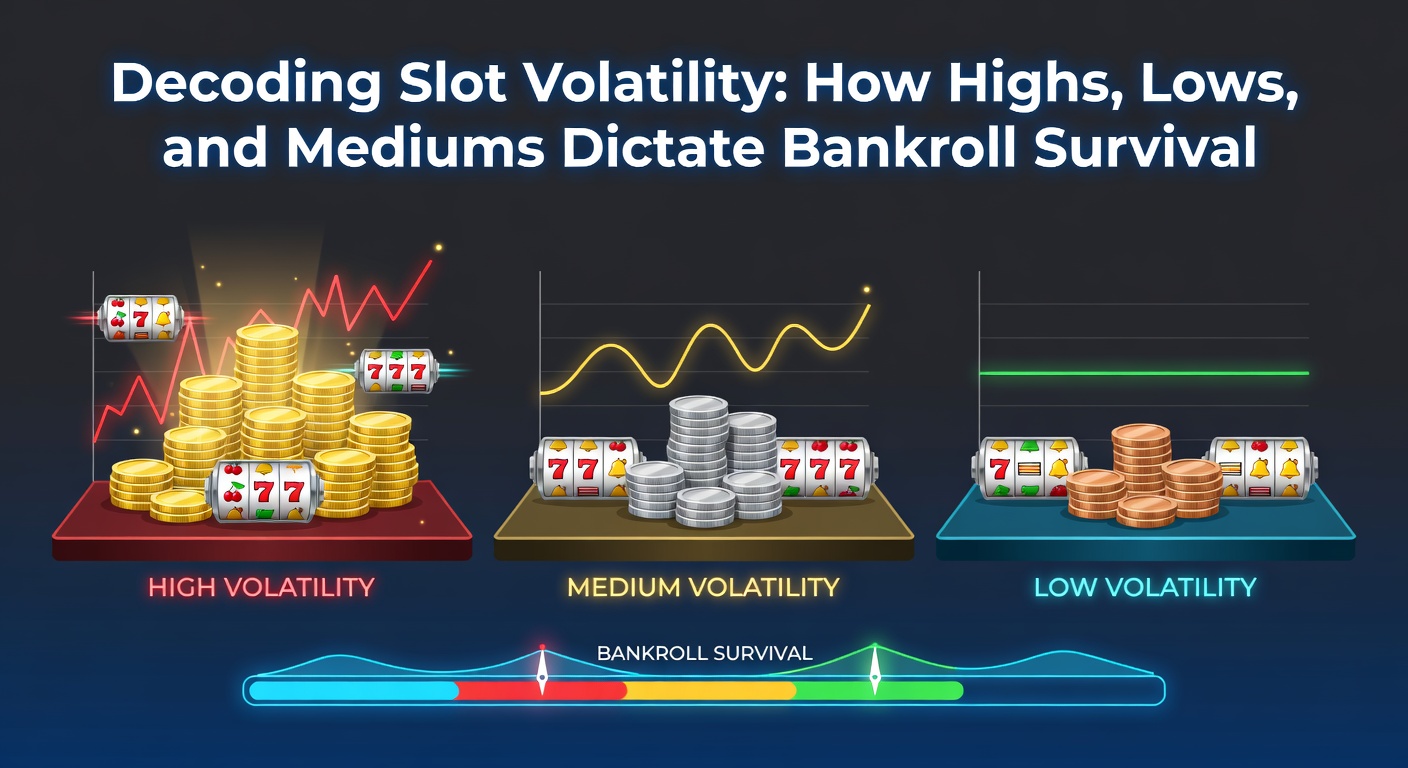 Colorful slot machine reels spinning with icons representing low, medium, and high volatility payouts, illustrating the range of win frequencies and sizes players encounter
