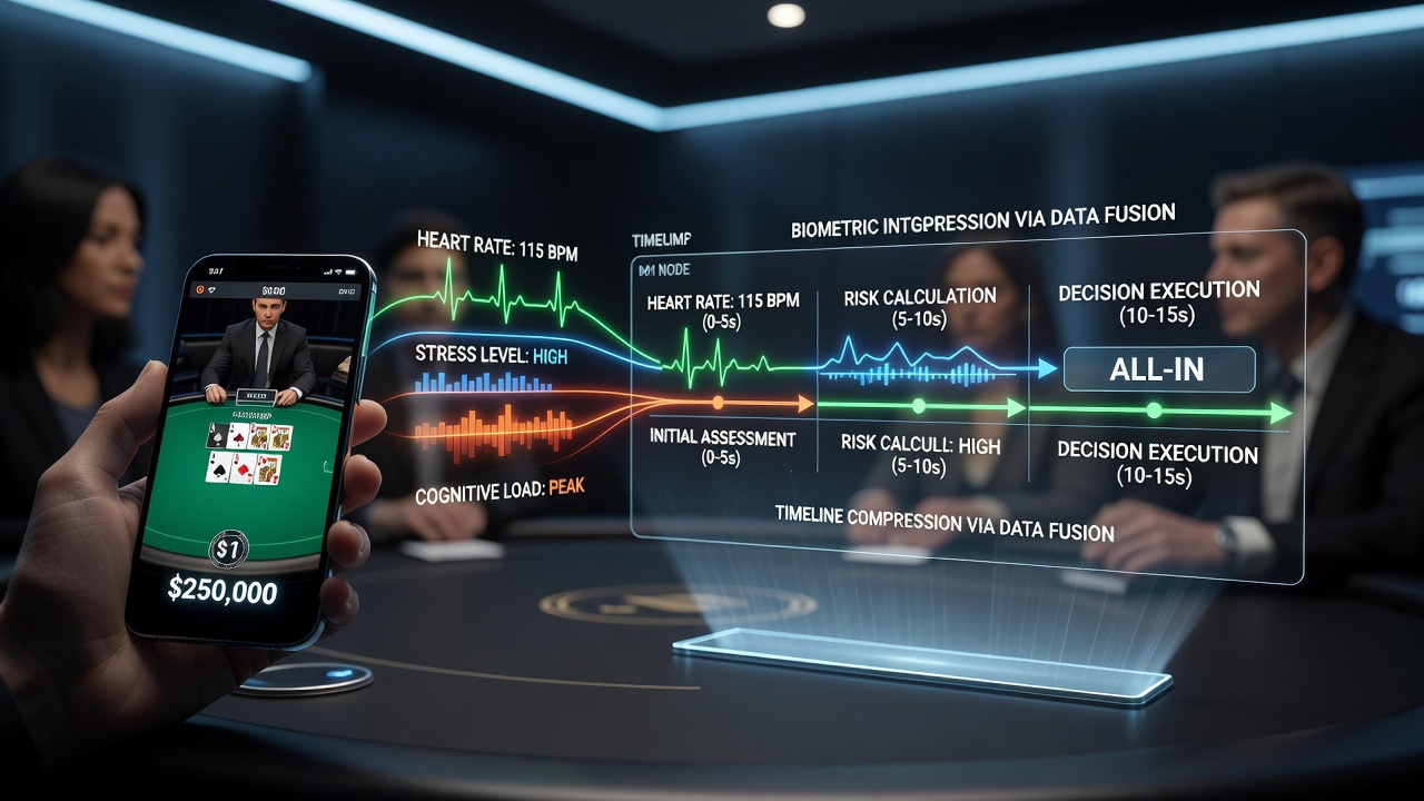 Close-up of wearable device syncing biometric data to a poker app on a smartphone