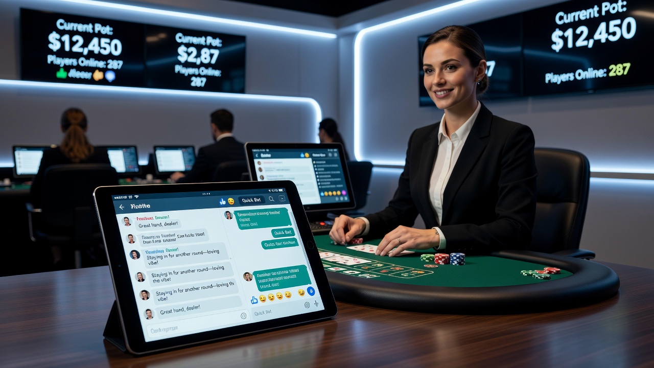 Close-up of live dealer interface highlighting chat window alongside session timer and limit notification
