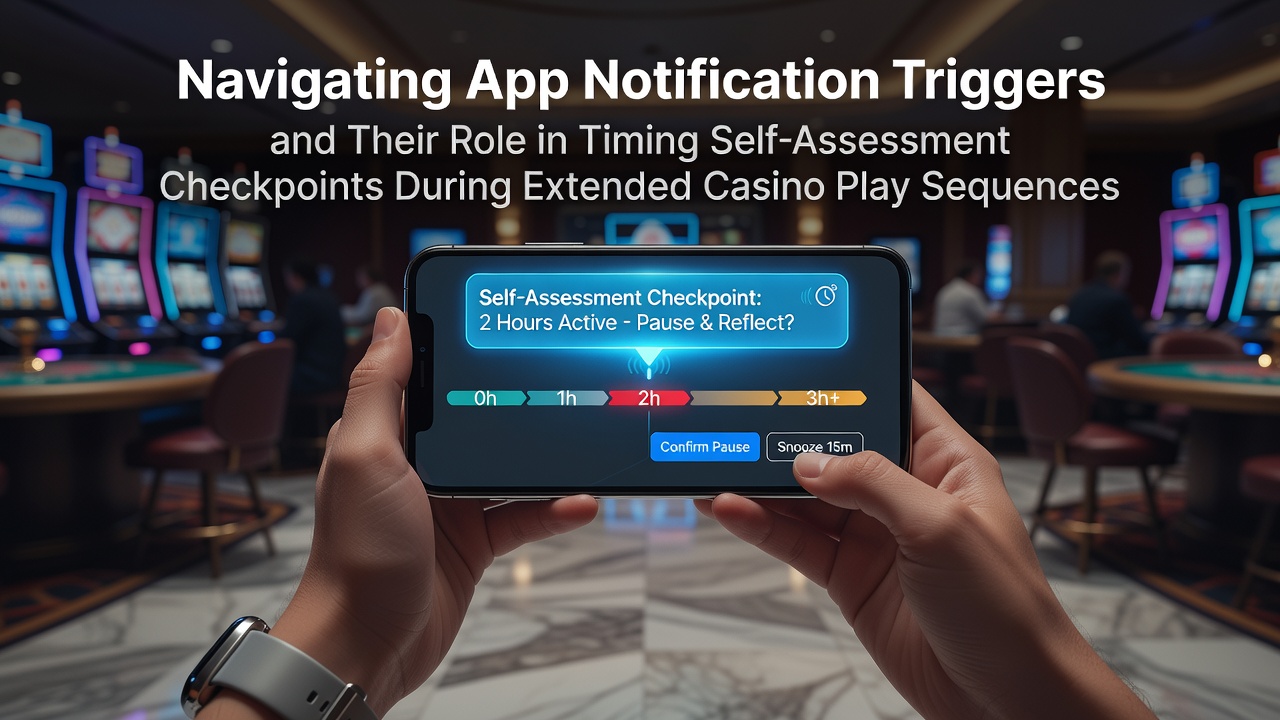 Mobile casino app interface showing notification settings and self-assessment prompts during extended play