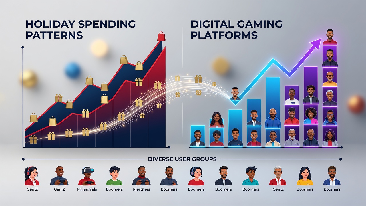 Visual representation of holiday consumer spending trends aligned with spikes in online gaming platform logins and transaction volumes across multiple demographics
