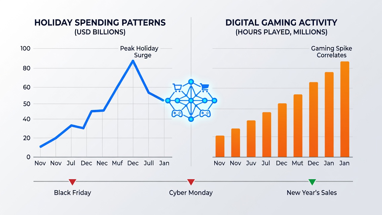 Infographic displaying user group segmentation and corresponding activity increases on digital gaming platforms during holiday seasons
